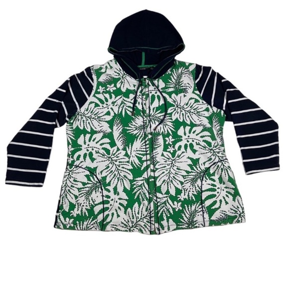 Susan Graver Floral Striped Zip Up Hooded Sweatshirt  1X Large Navy Blue Green - Picture 2 of 5